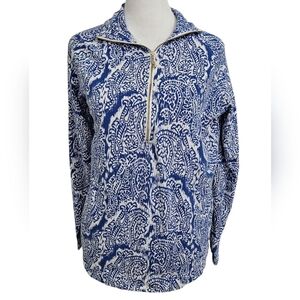 PAPPAGALLO 1/4 Zip Paisley Printed Cotton Knit Top W/gold Zipper Blue/White. M